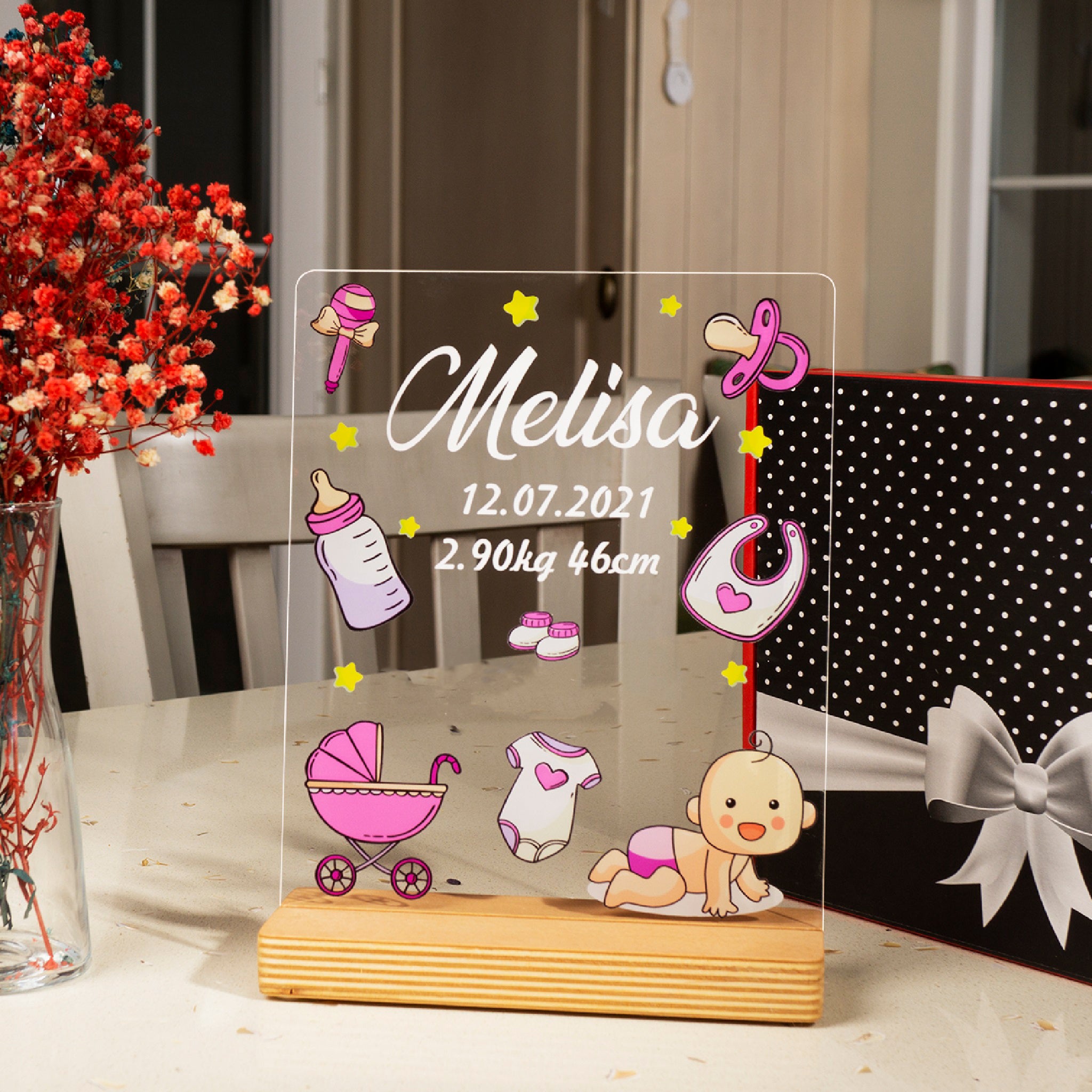 Personalized birth gift for girls with high-quality UV printing Wooden standee and gift box 
