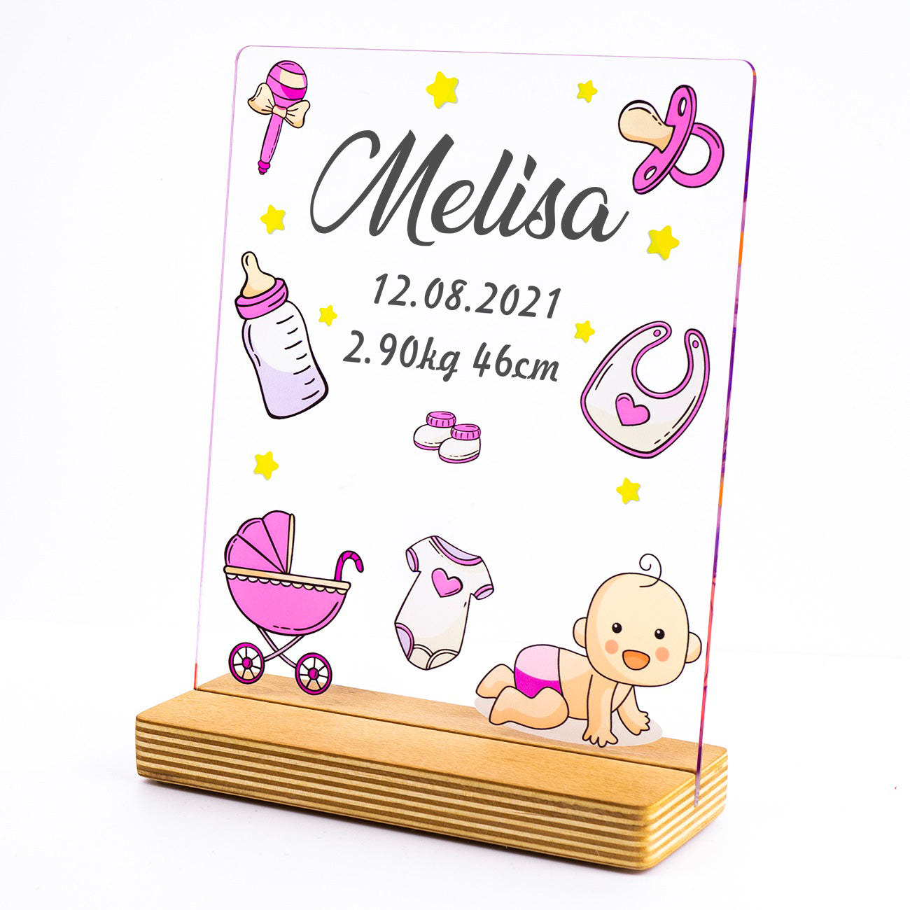 Personalized birth gift for girls with high-quality UV printing Wooden standee and gift box 